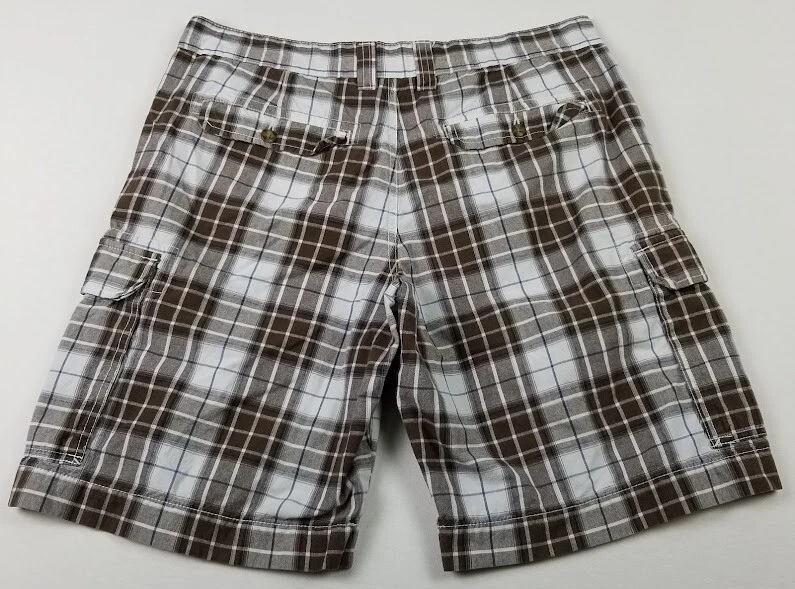 Merona Cargo Shorts Men’s 36 Brown Blue White Plaid Pockets Cotton Summer Casual - Image 2 of 4