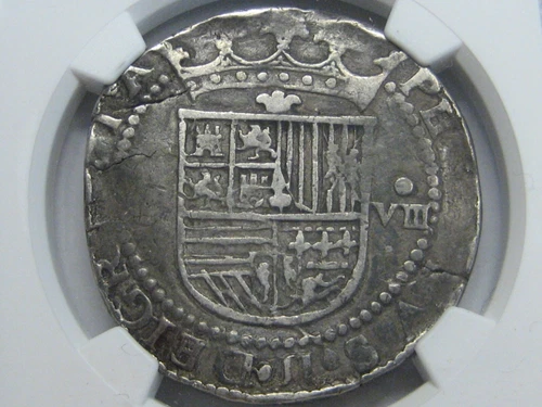 (1556-98) PHILIP II 8 REAL COB NGC XF45 SEVILLA ASSAYER D SPAIN SILVER COLONIAL