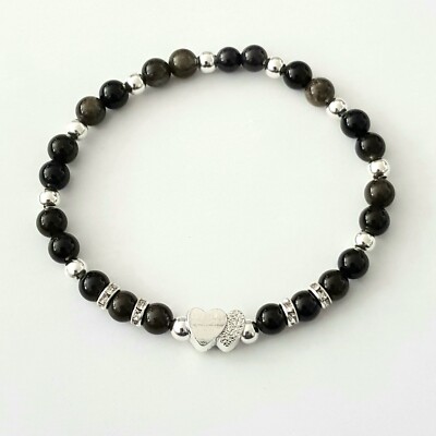 Sylvie's Edelstein Heilstein OBSIDIA  Armband 20cm Schwarz Silber Handmade/1309