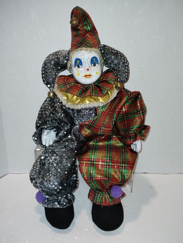 Gorgeous 21" Harlequin Mardi Gras Jester Clown Porcelain Silver Sequence & Plaid - Picture 3 of 13