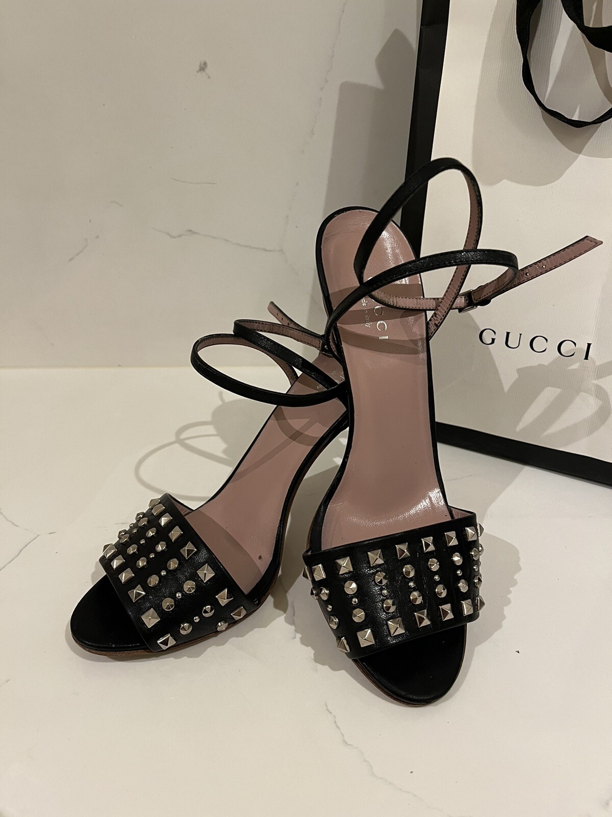 Gucci Black Leather Ankle Strap Studded Heel Sandal … Gem
