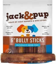 Jack & Pup 6 inch Premium JUMBO Grade Odor Free Bully Sticks Dog Treats 5pk