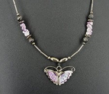 Necklace Butterfly Pendant with Mother of Pearl and Sterling Silver Beads 18"