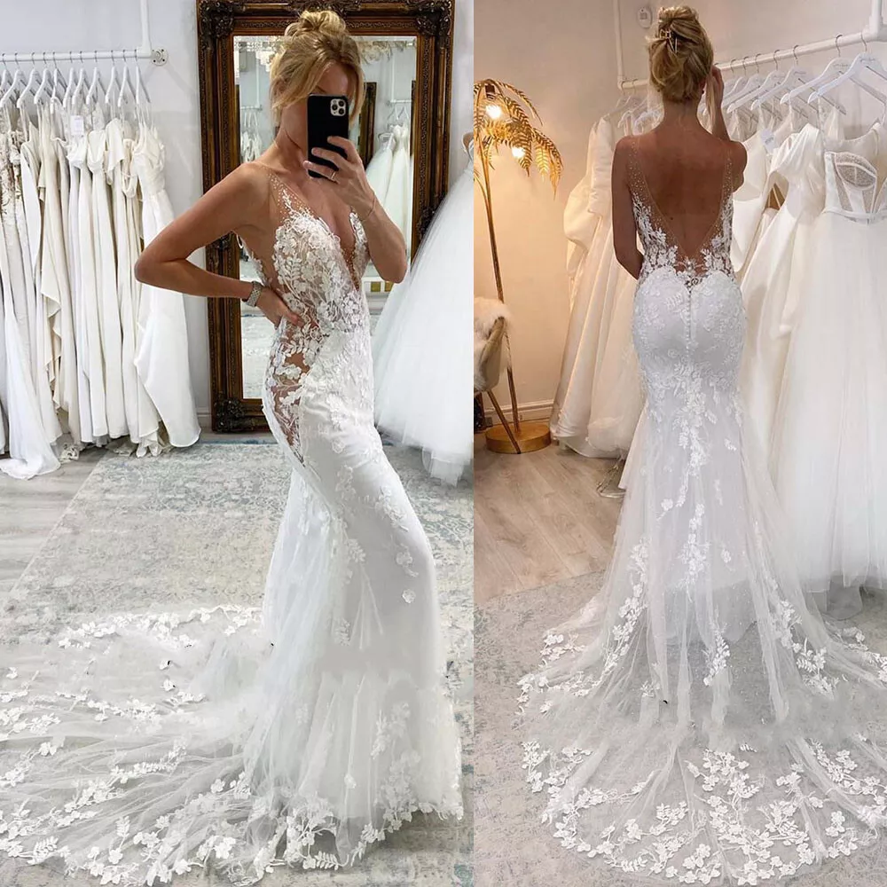 Luxury Wedding Dresses Mermaid Lace Appliques Deep V Neck Backless Bridal  Gowns