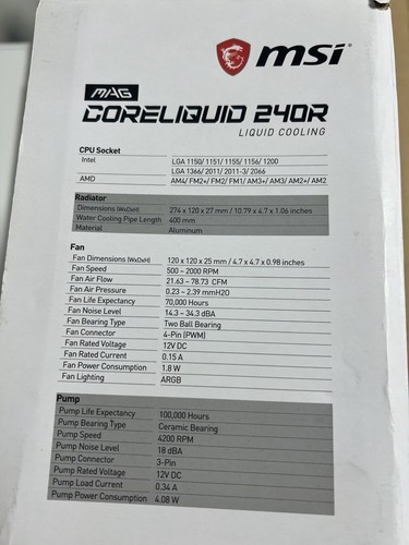 MSI MAG Core Liquid 240R Liquid CPU Cooler 240mm Radiator Dual PWM, ARG - Afbeelding 10 van 10