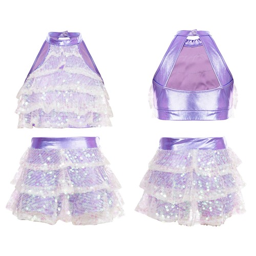 UK Kids Girls Glitter Sequin Dance Leotard Dresses Top with Skirt Set Dancewear - Picture 86 of 256