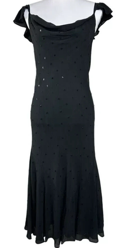 VTG Express Black Silk Slip Midi Dress L Cowl Neck Y2K Whimsigoth Dark Fairy