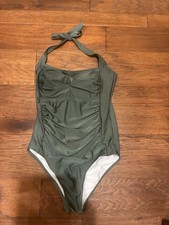 Olive Green Ruched Halter One Piece Swimsuit Nylon Spandex Stretch Solid