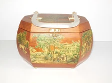Vtg Sewing Box Purse Wood Decoupage Fabric Lined Clasp Lock Octagon Plantation