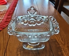 Indiana Glass Clear Oblong Lace Edge Footed Candy Box Dish with Lid Vintage