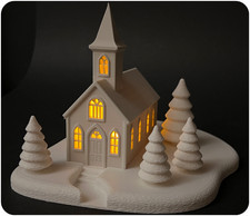 Deko Kirche mit Schneelandschaft - zum Beleuchten, Weihnachtshaus Winterhaus