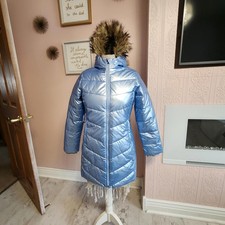 LKNW Girls Blue Metallic Lands End fur Lined puffer long coat flawless Large
