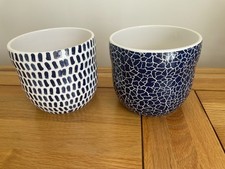 2x Navy and White Ceramic Planters for Indoor Plants 14cm Diameter 13cm Height