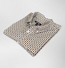 Express Men XL Brown White Geometric Print Stretch Cotton Dress Shirt Long Sleev