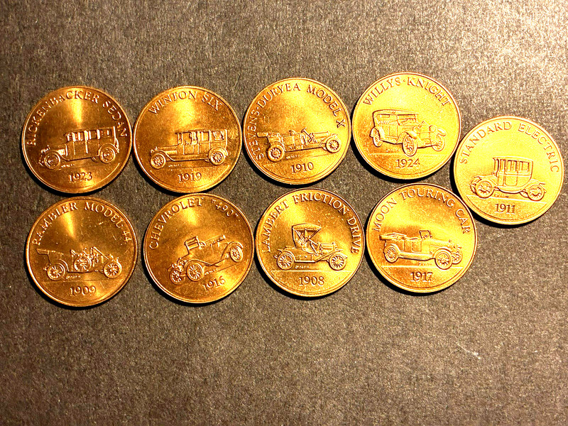 Stunning, Vintage Franklin Mint Antique Cars Coins, Set of 9 Coins, Mint-like