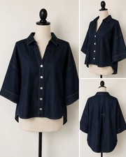 Zara Womens Dark Wash Solid Denim Collared Sh...