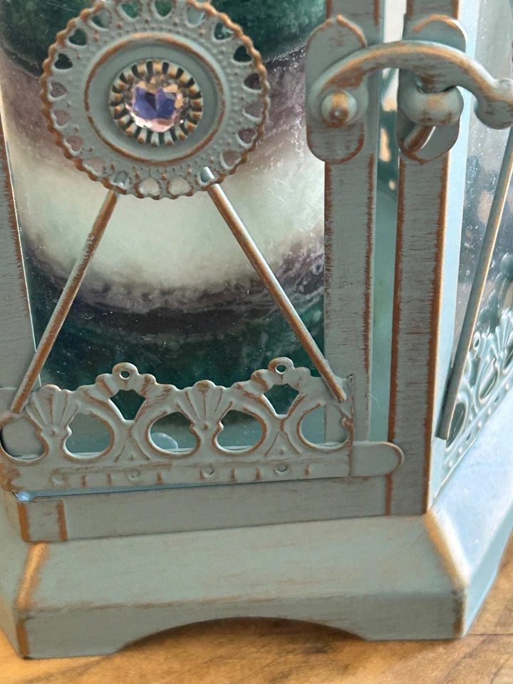 RARE Pier 1 14" Decor Metal Tabletop Lantern Candle Holder Whitewashed Antique - Image 3 of 4