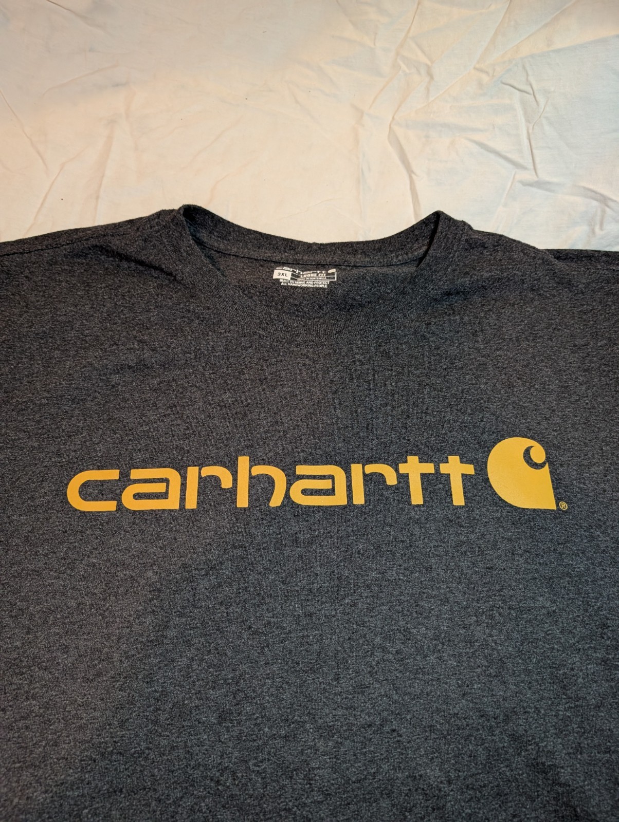 USED Carhartt K195 3XL Men Logo Graphic T-Shirt Loose Short Sleeve Grey Orange