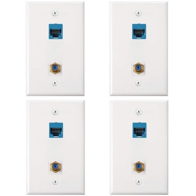 4 Pack Cat6 Wall Plates Ethernet Port GoldPlated TV Coax Cable FType Blue