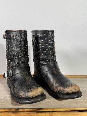 Frye Boots Jenna Biker Buckle Distressed Leather Stud Boots 8 B Women s 3476347