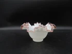 Milk Glass Bowl White with Pink Ruffled Edge Glossy Round Decorative