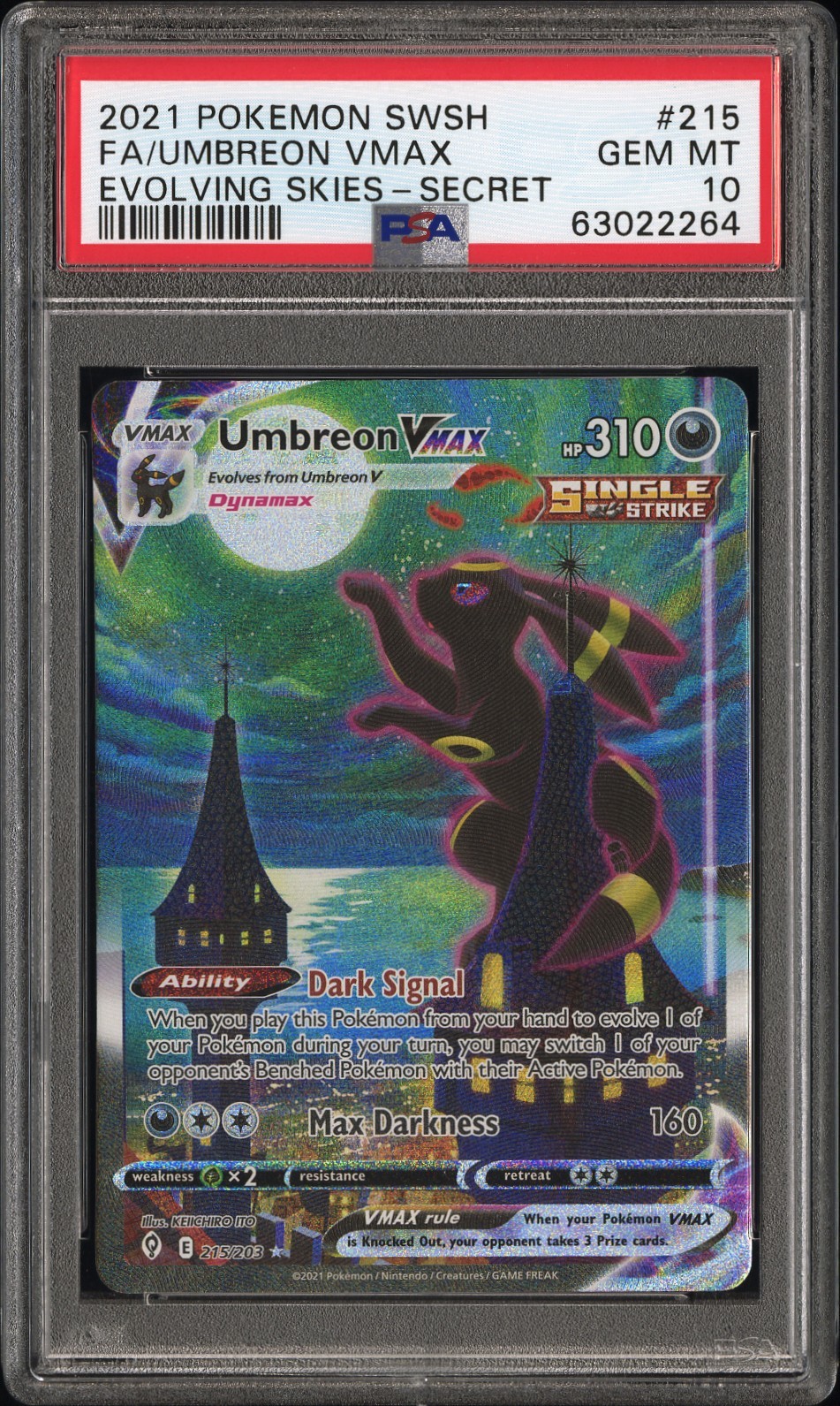 2021 Pokemon Evolving Skies #215 Umbreon Vmax Secret PSA 10 Moonbreon Full Art