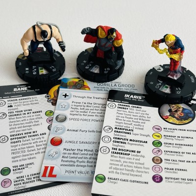 Heroclix Random Lot Of 3 Ikaris #045 Bane #050 & Gorilla Grood #056 with Cards