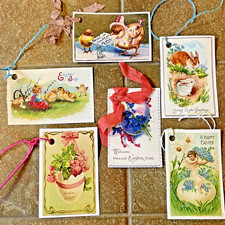 Easter Tags Vintage Style Royalty Free Hand Glittered Lot Of 6