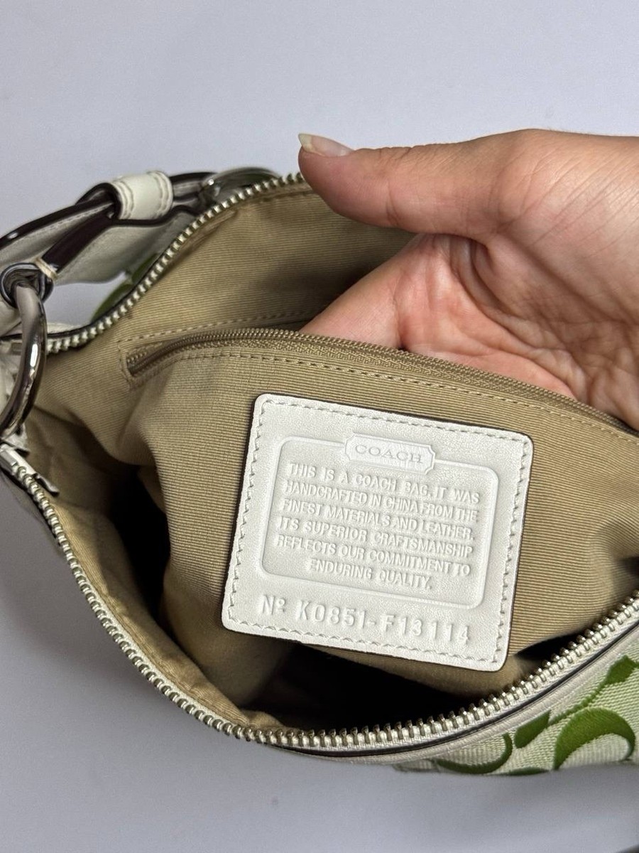 Coach APPLE GREEN Signature Canvas White Leather Trim Shoulder Bag