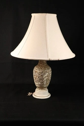 1950's Asian Carved Lamp, Plaster White Black Gorgeous Intricate Detail MCM