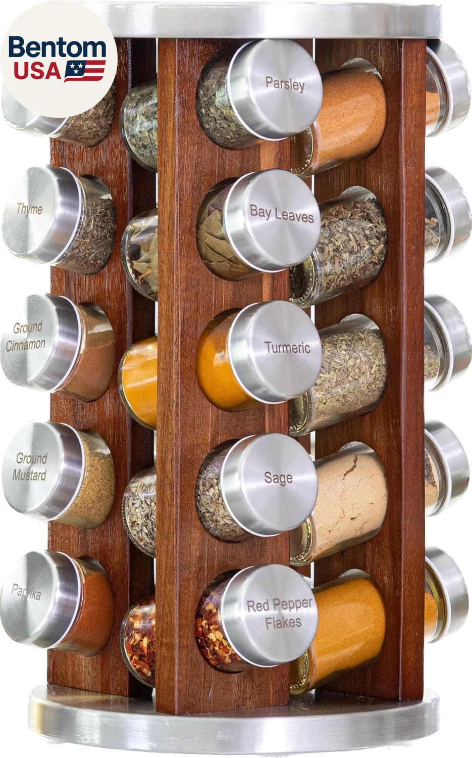 20 Jar Dark Acacia Wood Spice Rack with Spices Included - Rotating Tower Organiz