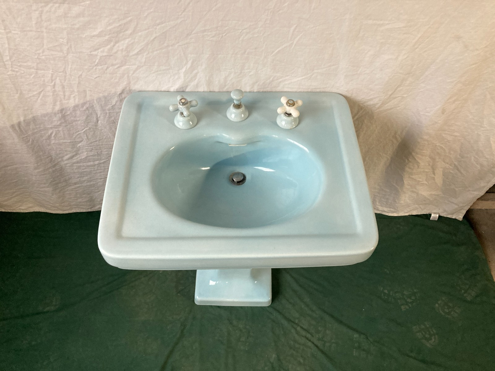 Antique 28x22 Light Blue Ceramic Pedestal Sink Old Vtg Standard 422-25E