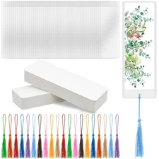 100 PCS Blank Bookmarks, 100 PCS Clear Bookmark Sleeves and 100 Colorful Tassels