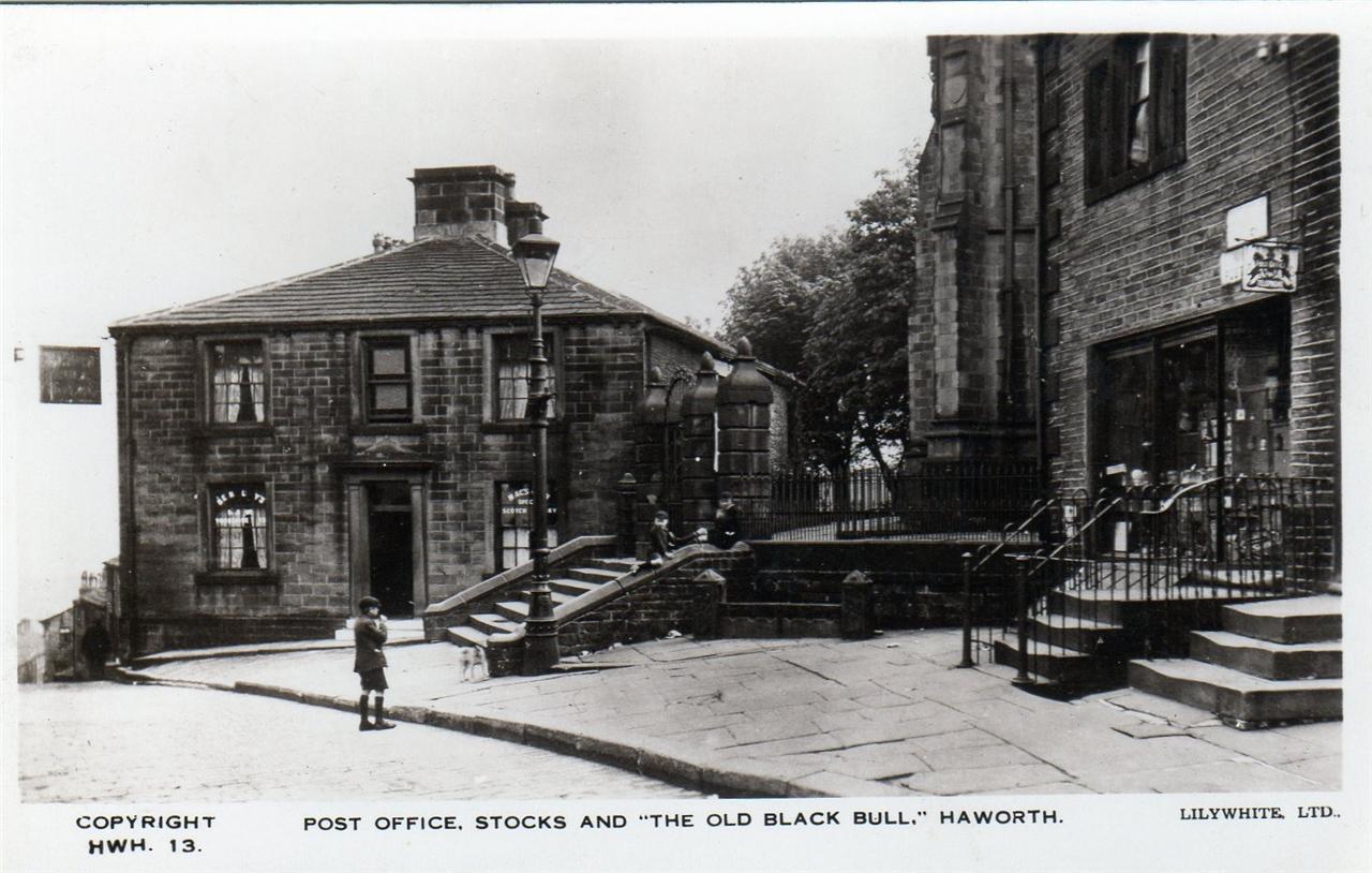 Haworth Post Office Black Bull pub unused RP old postcard by Lilywhite