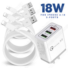 3-Ports Quick Wall Charger Adapter USB Cable 3/6Ft For iPhone 14 13 12 11 8 7 6