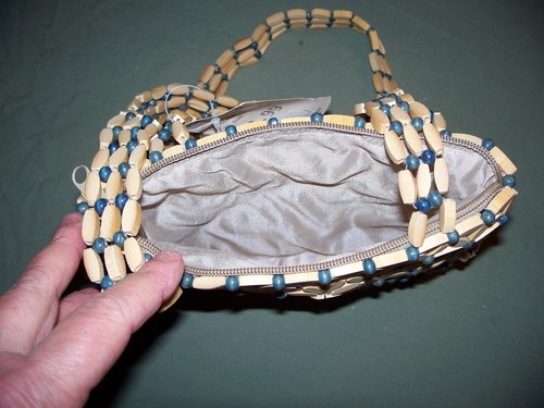 DE COLECCIÓN Madera Estampado en Forma de Flor con Cuentas Azules Bolso de Mano Nuevo con Etiquetas Correas para el Hombro - Imagen 2 de 3