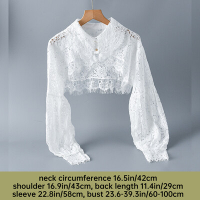 Women Lace Dickey Blouse Fake Collar Lantern Sleeve Half Shirt Blouse Crop  Top