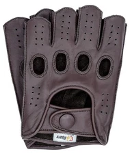 Riparo Mens Leather Reverse Stitched Fingerless Half-Finger Gloves - Brown