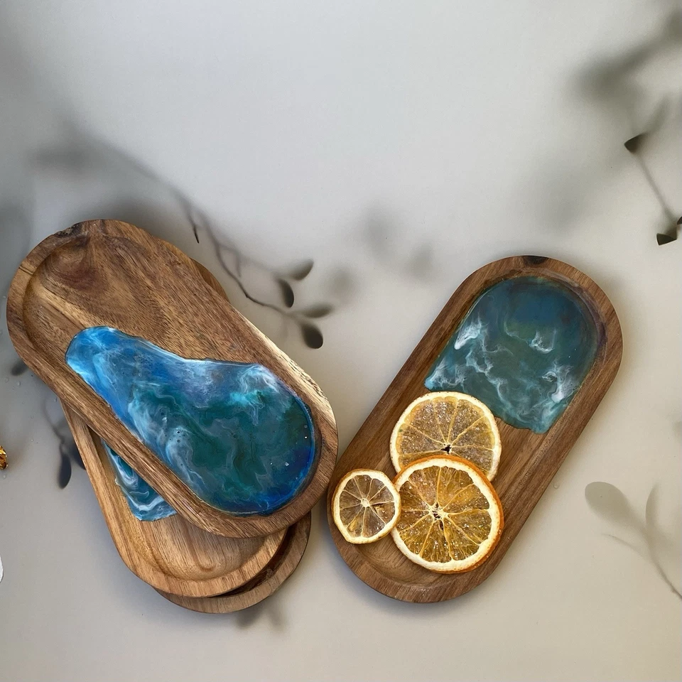 Ocean Resin Serving Trays Set 4 – Acacia Wood Snack Plates Handmade - Bild 2 von 4
