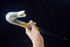 Vintage Duck Head Walking Stick Cane Engraved Silver Plated Handle Wood Crutch