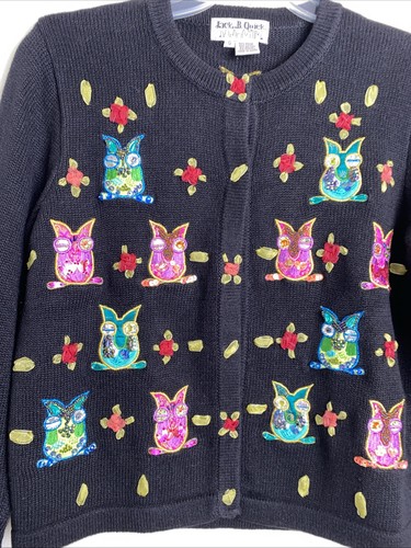 Owl Ramie Black Size Small Embroidered Sequined Cardigan Sweater By Jack B Quick - Picture 3 of 8