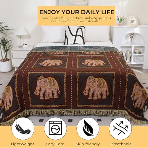 Manta Boho para Cama con Borlas, 100% Algodón 80''x 90"" Marrón Elefante - Imagen 2 de 7