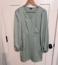 SHEIN green V-neck Faux Wrap Long Balloon Sleeve Dress size M Satin Holiday