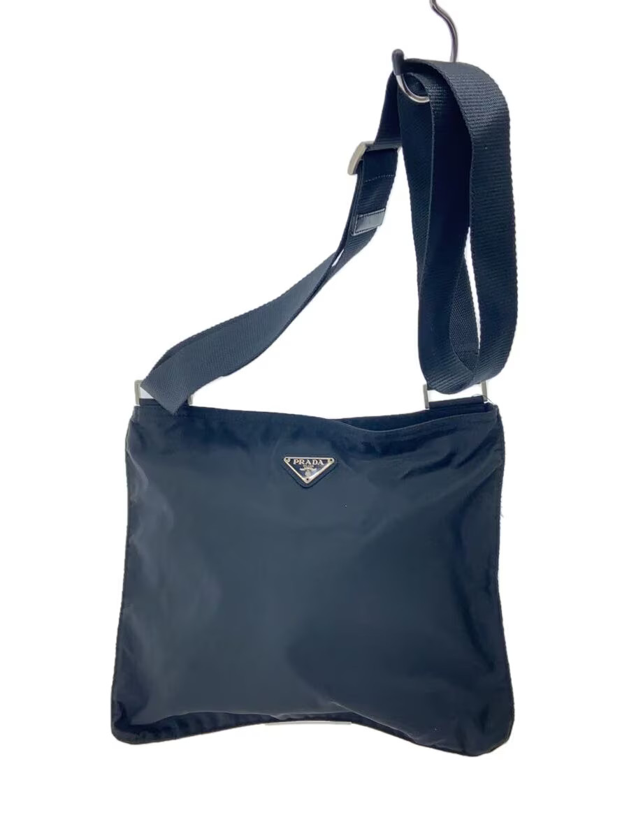 PRADA Black Nylon Shoulder Bag with Triangle Logo Plate