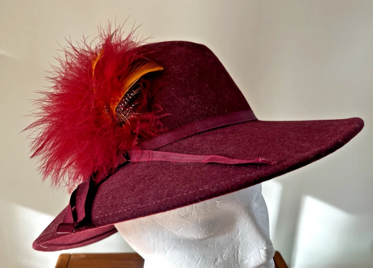 ADOLFO II NY Vintage Excello Wool Hat Feather Plume Women’s Red Derby Med 22” Woman Kentucky Derby Hat Red and Beige With Feather - Beige  main image 2