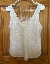 Lucie Ann II Ivory Floral Jacquard Camisole Tank Top Lace Trim Womens S