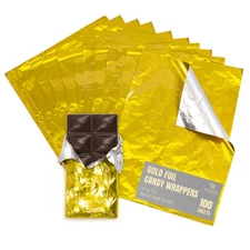 Gold Foil Candy Wrappers, 6" x 7.5", Back Side Silver, Individual Chocolate P...