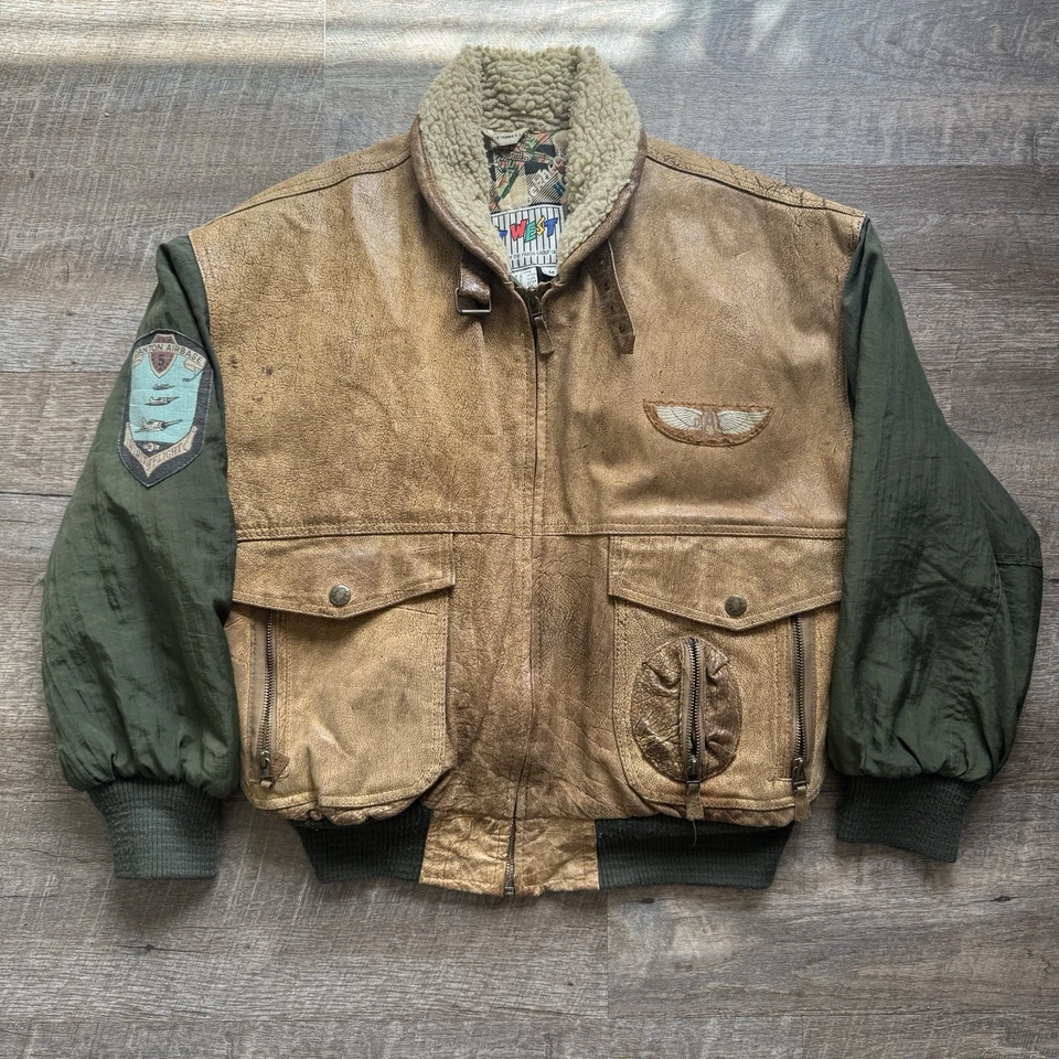 East West Vintage Leather Mens Aviator Bomber Jacket Nappa Leather Size Med - Image 2 of 4