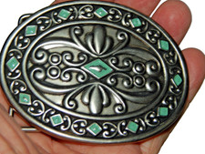 Silver tone Western Belt Buckle filigree design with painted turquoise inlay