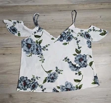 Womens White Shein Floral Off The Shoulder Tank Top Blouse Flutter Sleeve Boho